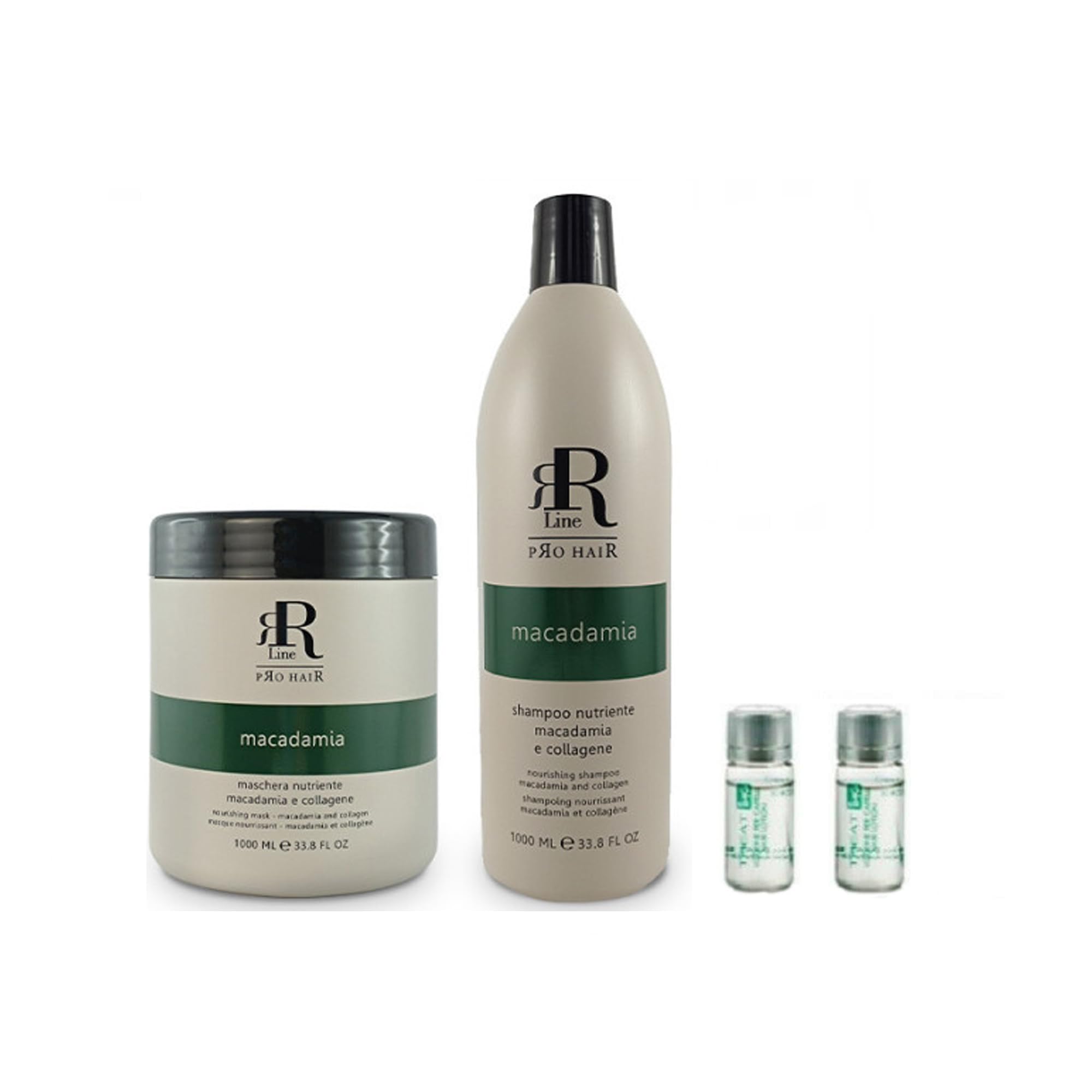RR Line Set Maschera E Shampoo capelli crespi e secchi Illuminante Nutriente, Macadamia e Collagene 1000 ml + 2 Fiale Ristrutturanti OMAGGIO