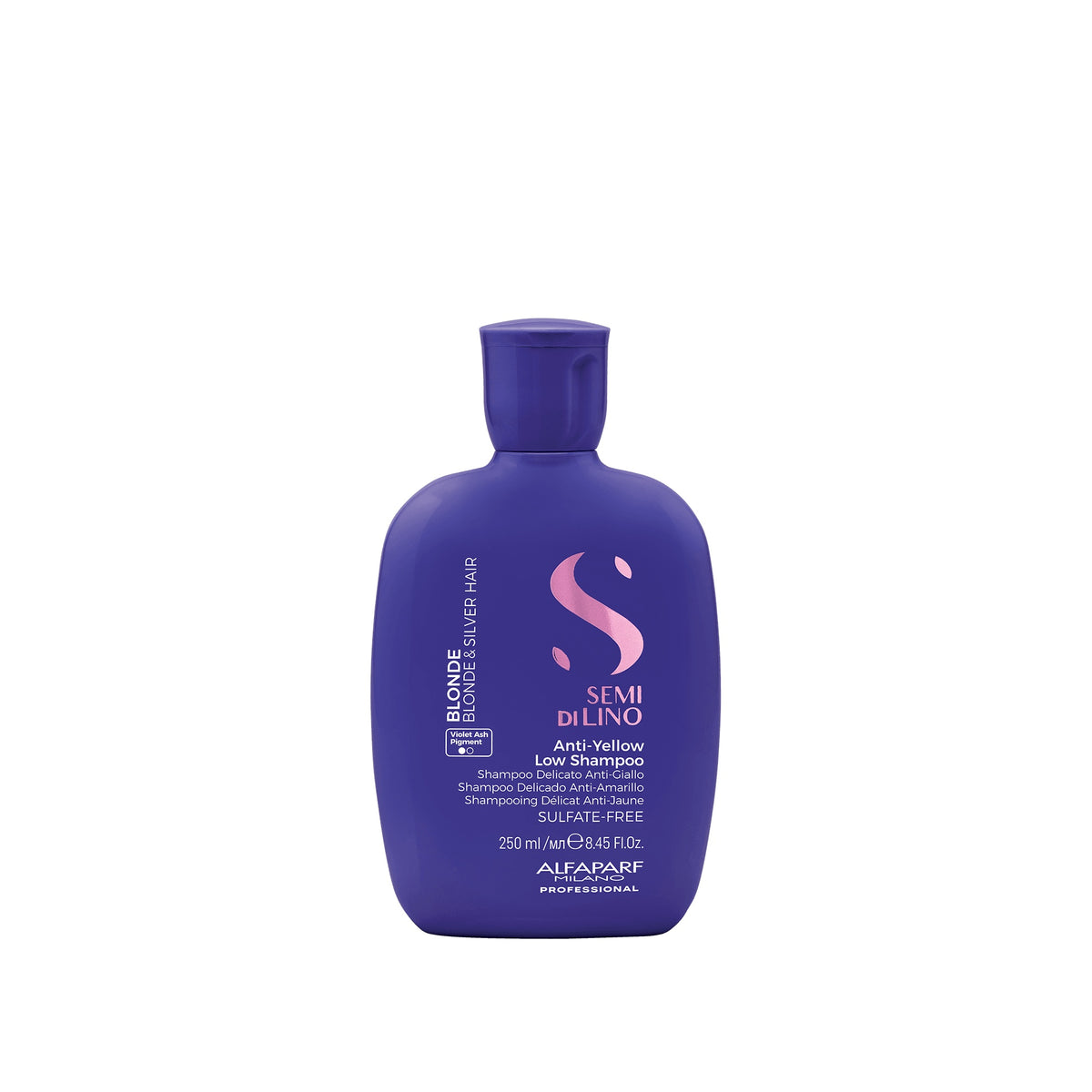 Alfaparf Milano Semi di Lino Blonde Anti-Yellow Low Shampoo – Shampoo Antigiallo per Capelli Biondi 250 ml, confezione frontale