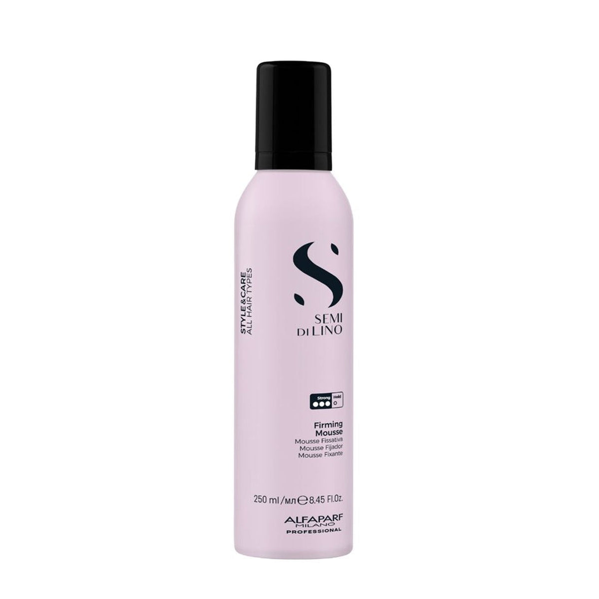 Alfaparf Milano Semi di Lino Style & Care Firming Mousse – Mousse Fissativa Tenuta Forte per Ricci e Volume 250 ml, confezione frontale