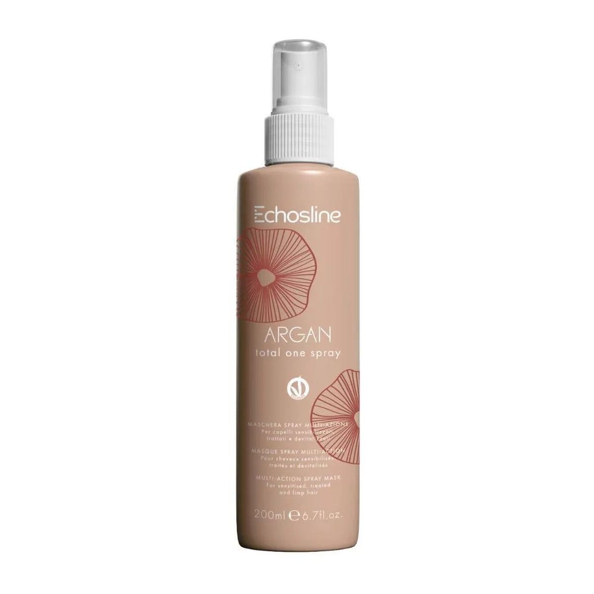 Echosline Argan Total One – Maschera Spray Nutriente e Districante 200 ml – confezione del prodotto su fondo bianco