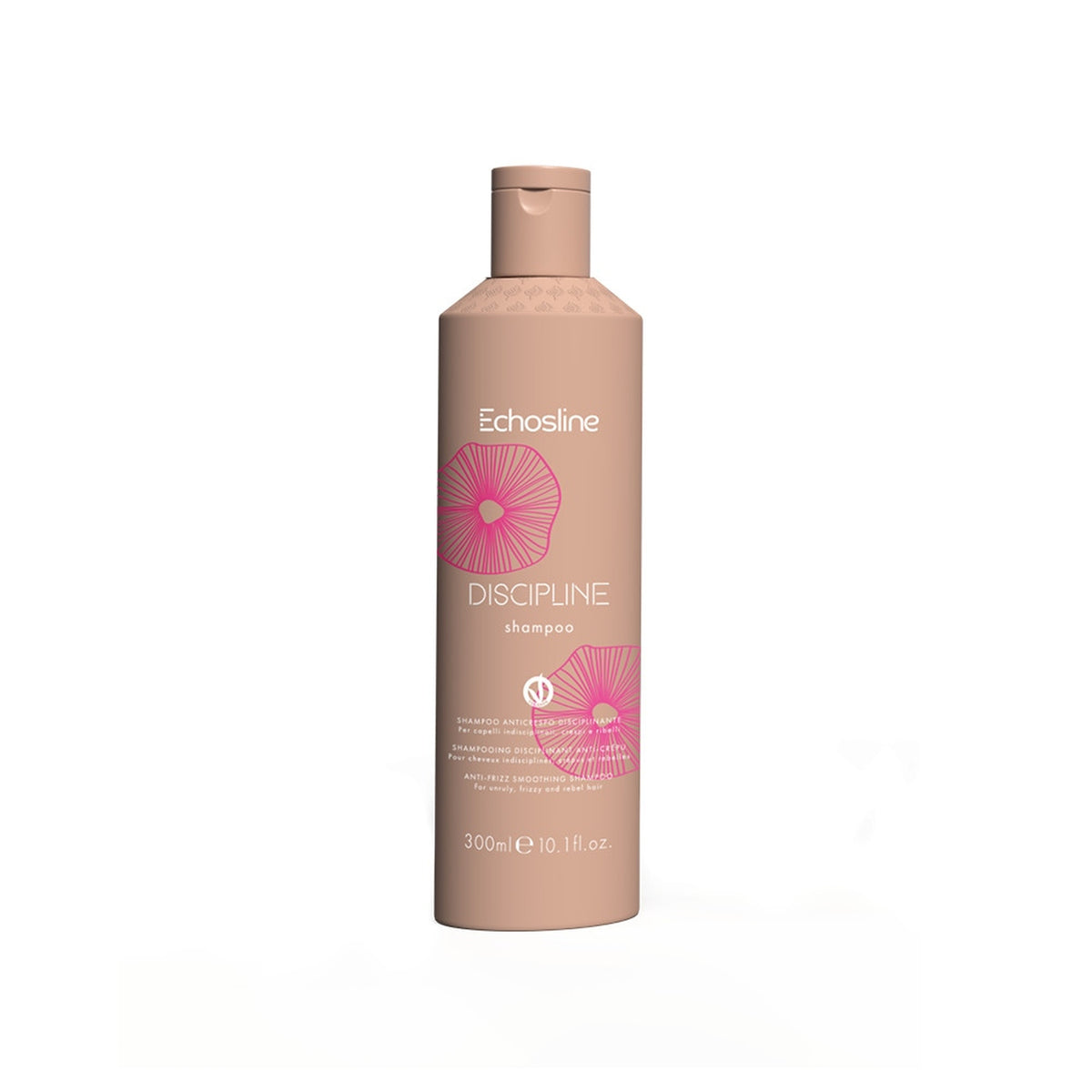 Echosline Discipline – Shampoo Disciplinante Anticrespo con Olio di Argan 300 ml – confezione del prodotto su fondo bianco