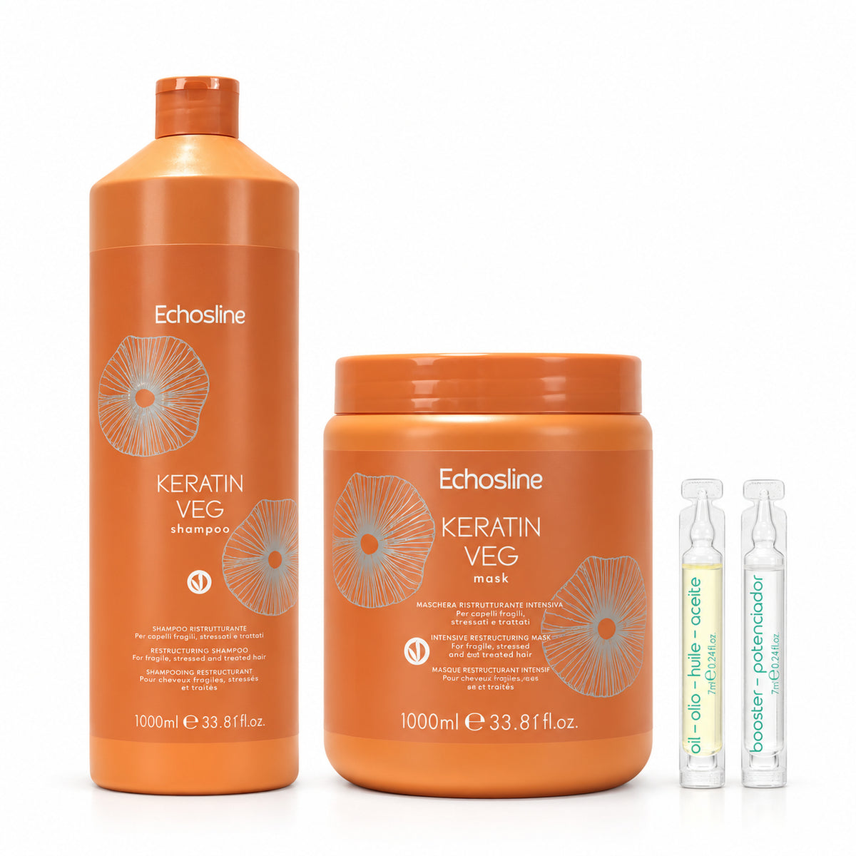 Kit Echosline Keratin VEG shampoo 1000 ml e maschera 1000 ml con una fiala olio e una fiala booster ING da 7 ml in omaggio