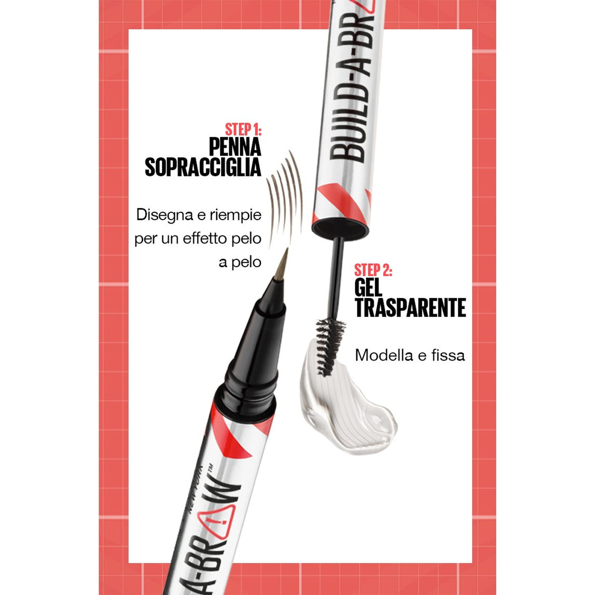 Maybelline Build-A-Brow 2 in 1 – Penna Sopracciglia Effetto Pelo a Pelo e Gel Fissante Trasparente