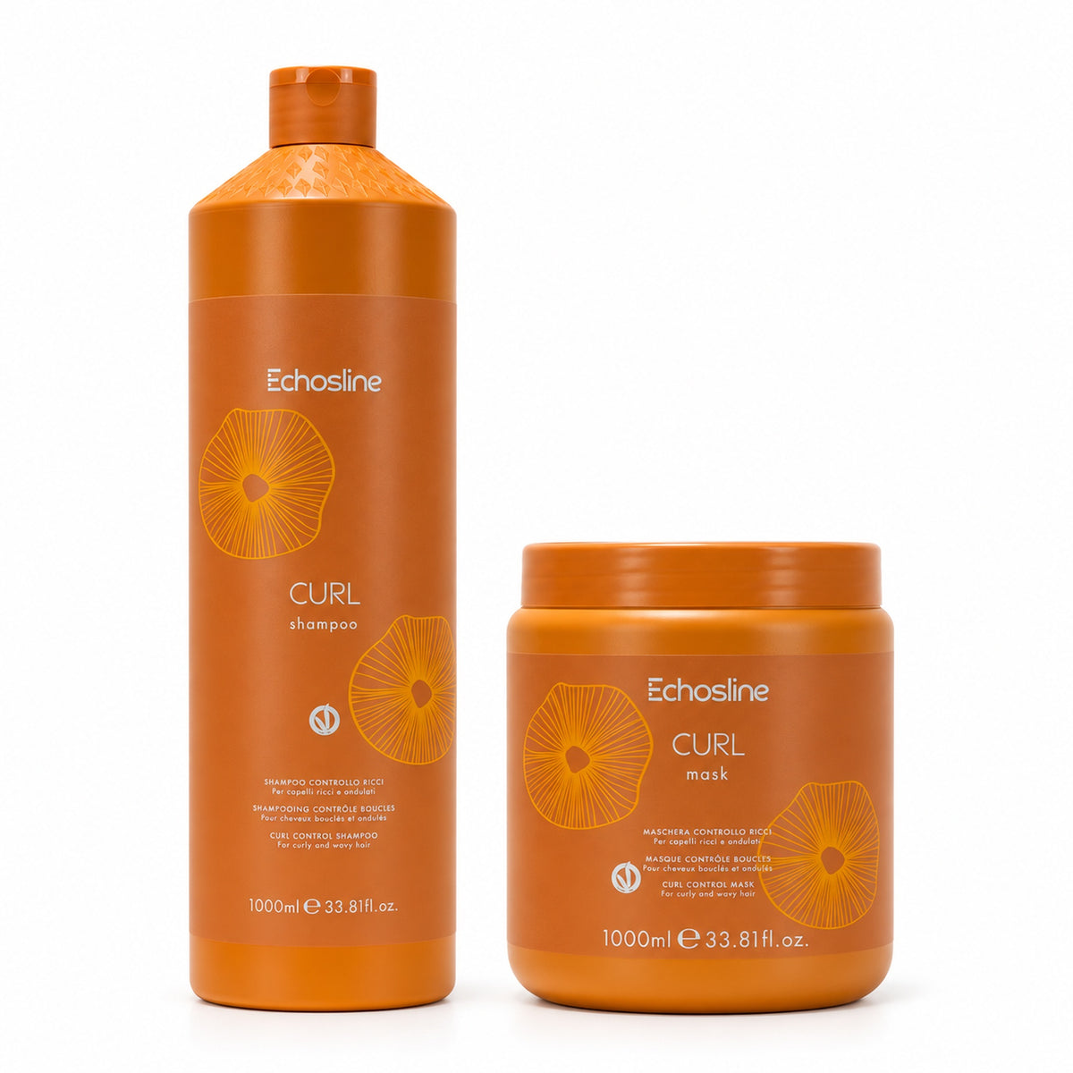 Set Echosline Curl: shampoo 1000 ml e maschera 1000 ml per capelli ricci e mossi, confezioni frontali
