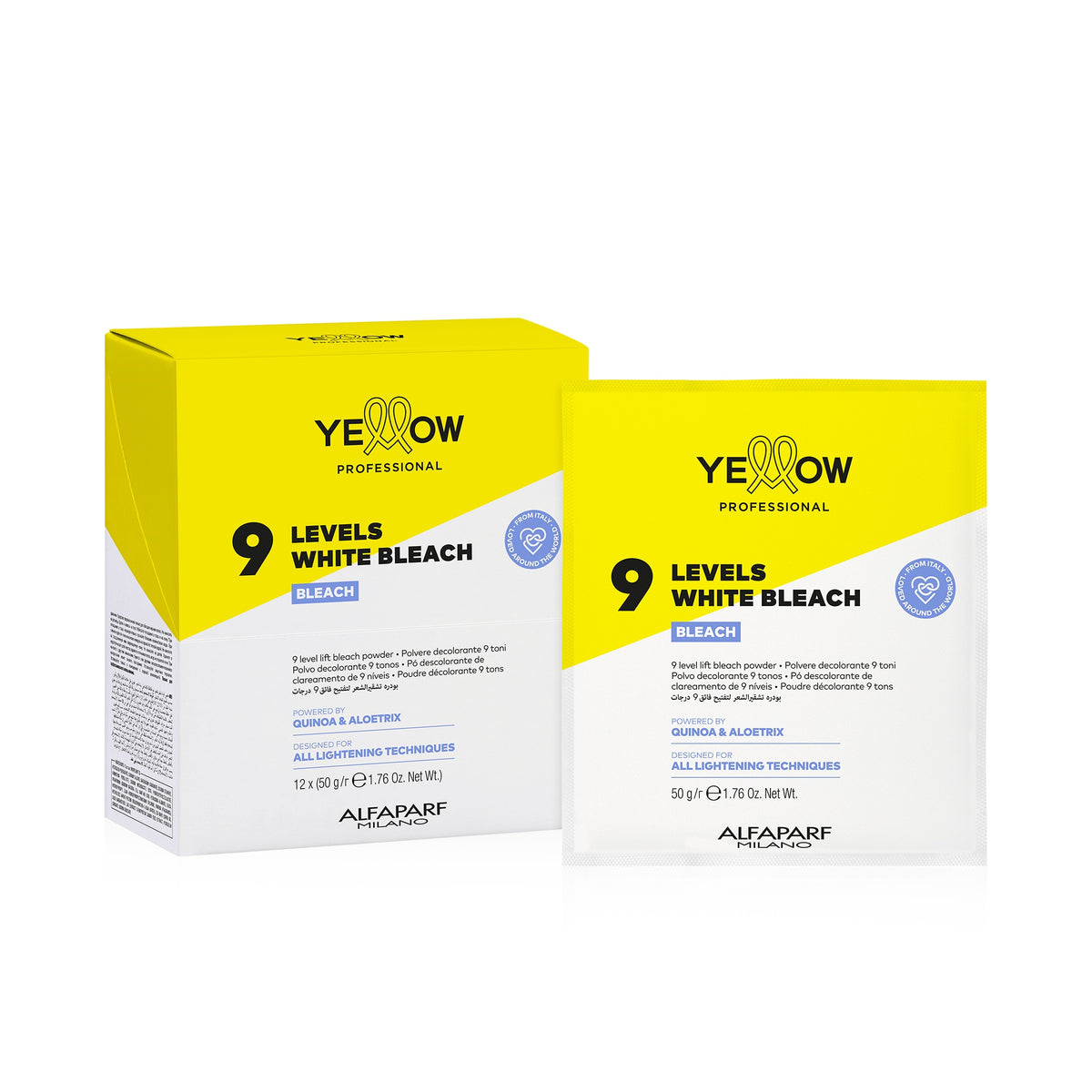 Yellow Professional Bleach 9 Levels White Bleach – Polvere decolorante 9 toni 12 × 50 gr, confezione frontale