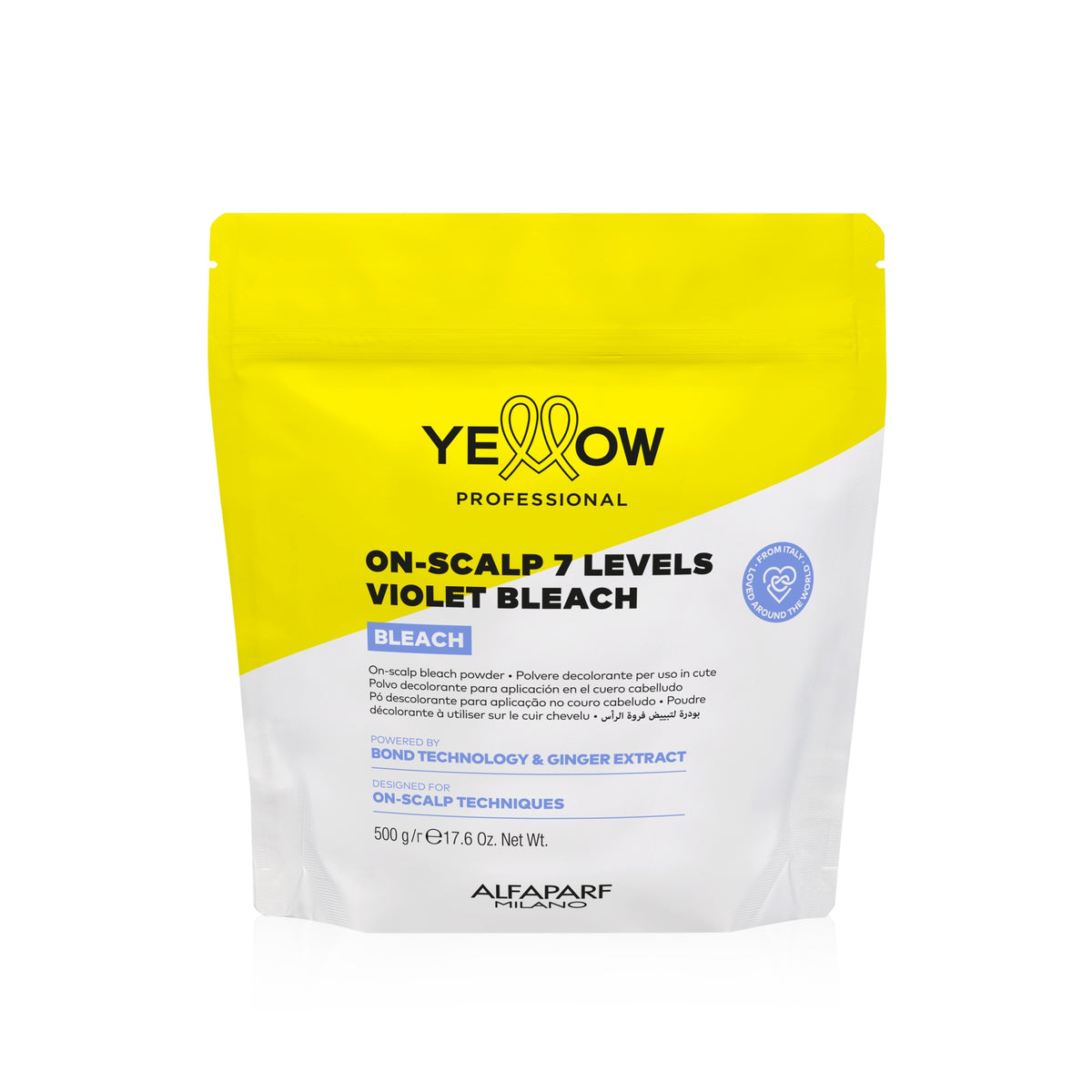 Yellow Professional Bleach On-Scalp 7 Levels Violet Bleach – Polvere decolorante per uso in cute 500 gr, confezione frontale