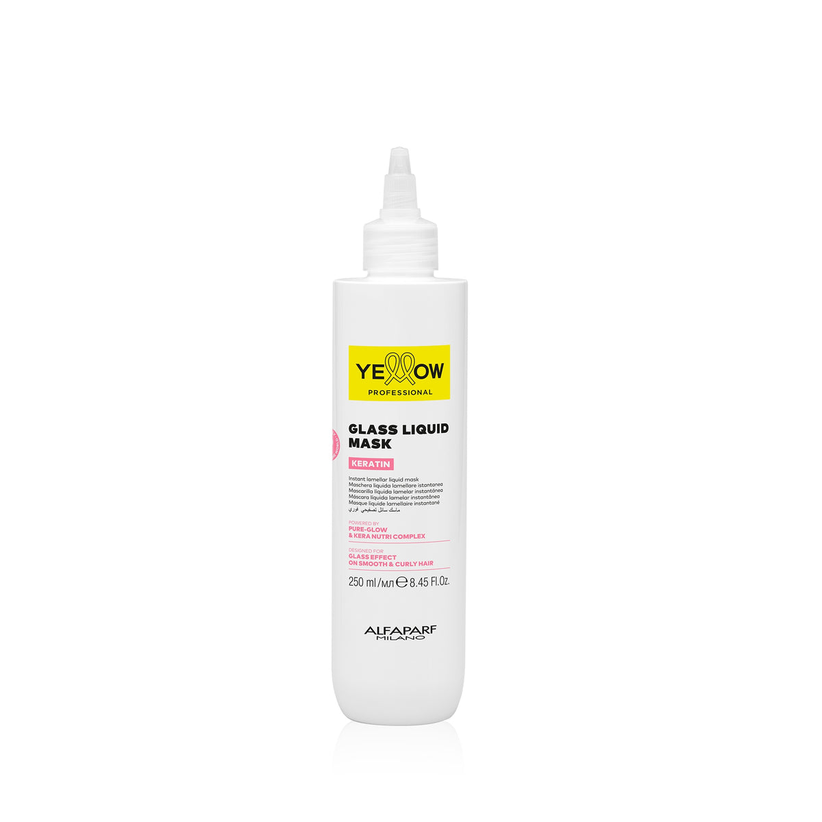 Yellow Professional Keratin Glass Liquid Mask – Maschera liquida lamellare istantanea 250 ml, confezione frontale