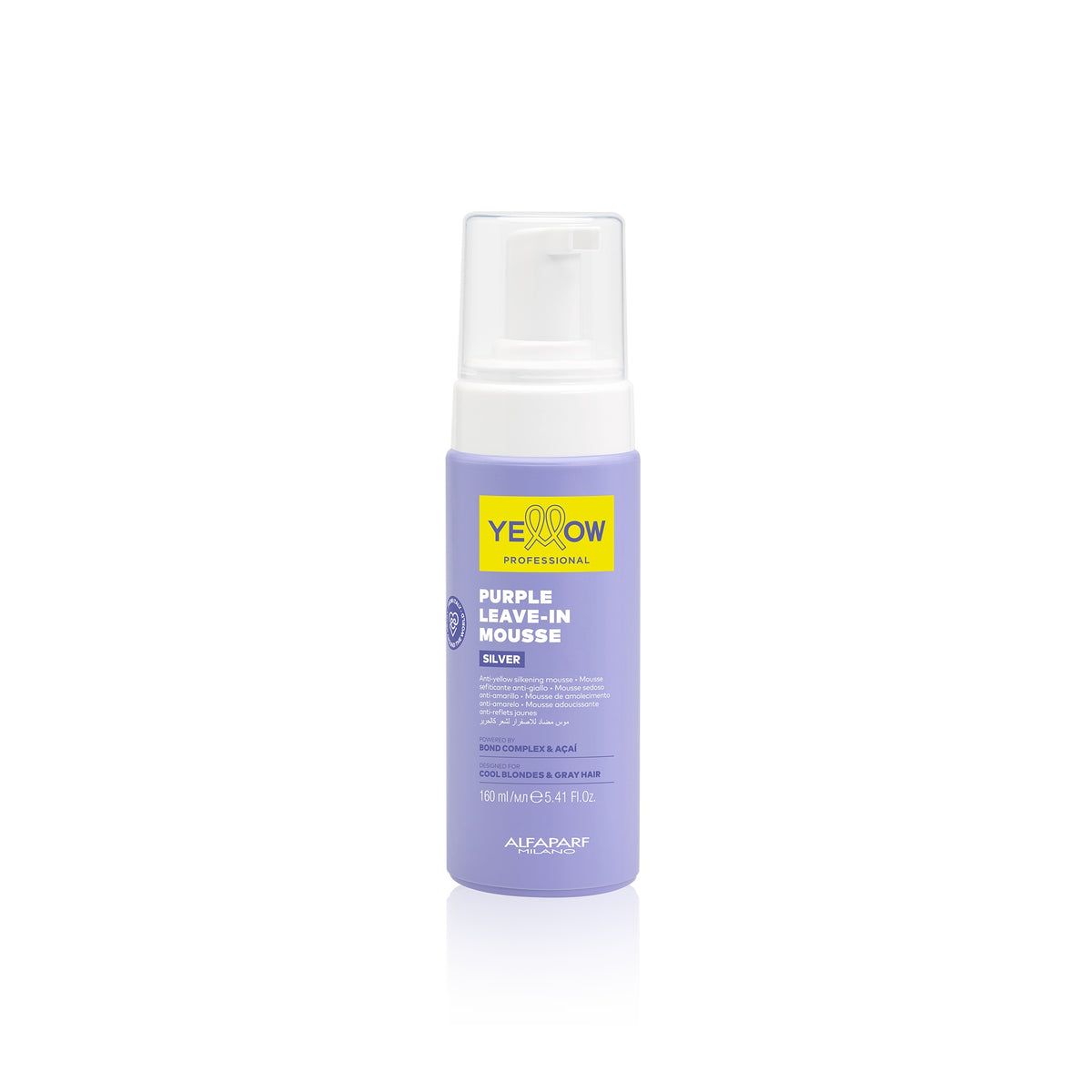 Yellow Professional Silver Purple Leave-In Mousse – Mousse setificante anti-giallo 160 ml, confezione frontale