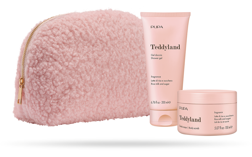 PUPA Teddyland - Kit 1 Gel Doccia & Scrub Corpo + Pochette grande in tessuto