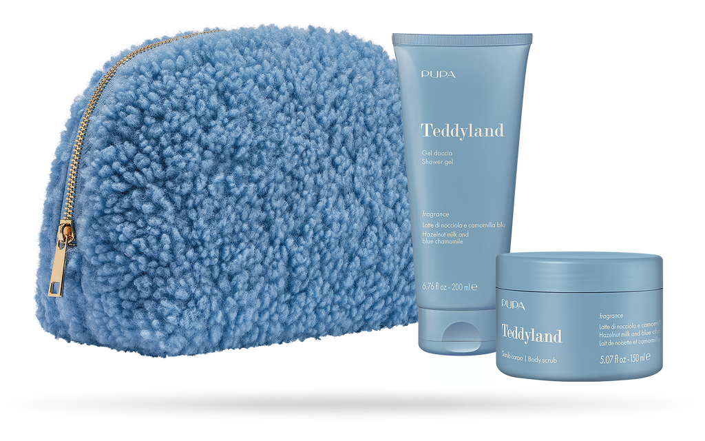 PUPA Teddyland - Kit 1 Gel Doccia & Scrub Corpo + Pochette grande in tessuto