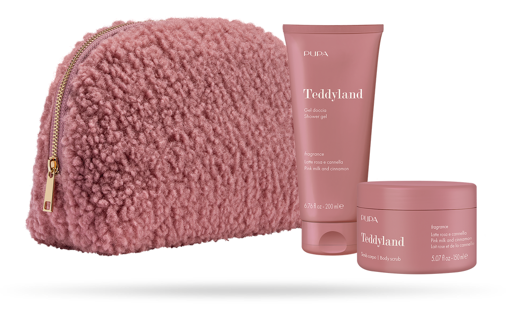 PUPA Teddyland - Kit 1 Gel Doccia & Scrub Corpo + Pochette grande in tessuto