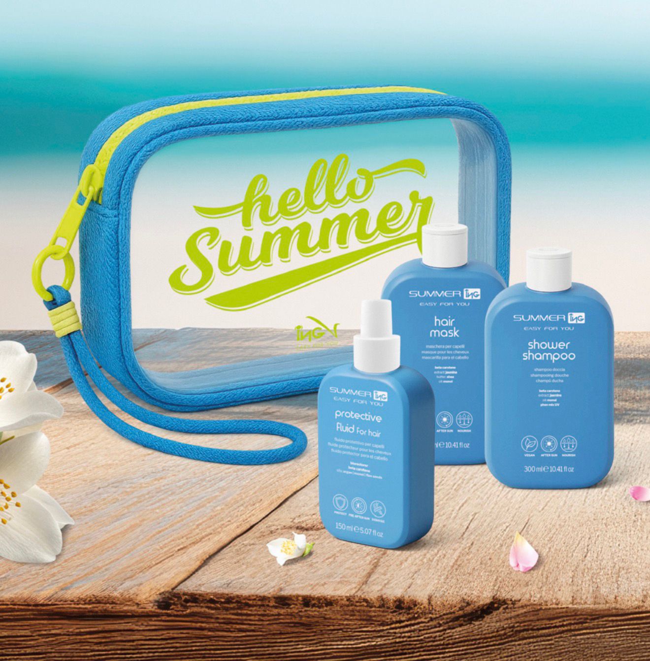 ING Kit estivo capelli - Shampoo, Maschera e Fluido protettivo + Pochette OMAGGIO