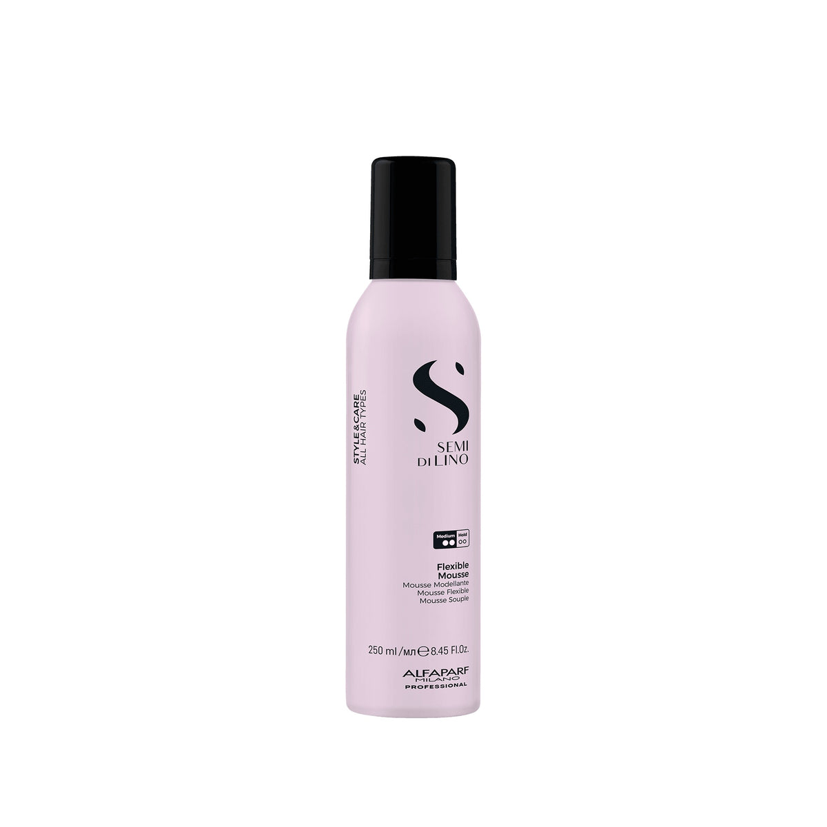 Alfaparf Milano Semi di Lino Style & Care Flexible Mousse – Mousse Ricci Modellante Elastica a Tenuta Media 250 ml, confezione frontale