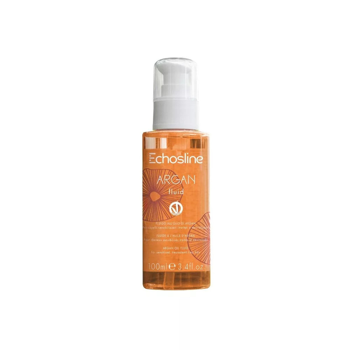 Echosline Argan Fluid – Fluido Lucidante Anticrespo con Olio di Argan 100 ml – confezione del prodotto su fondo bianco