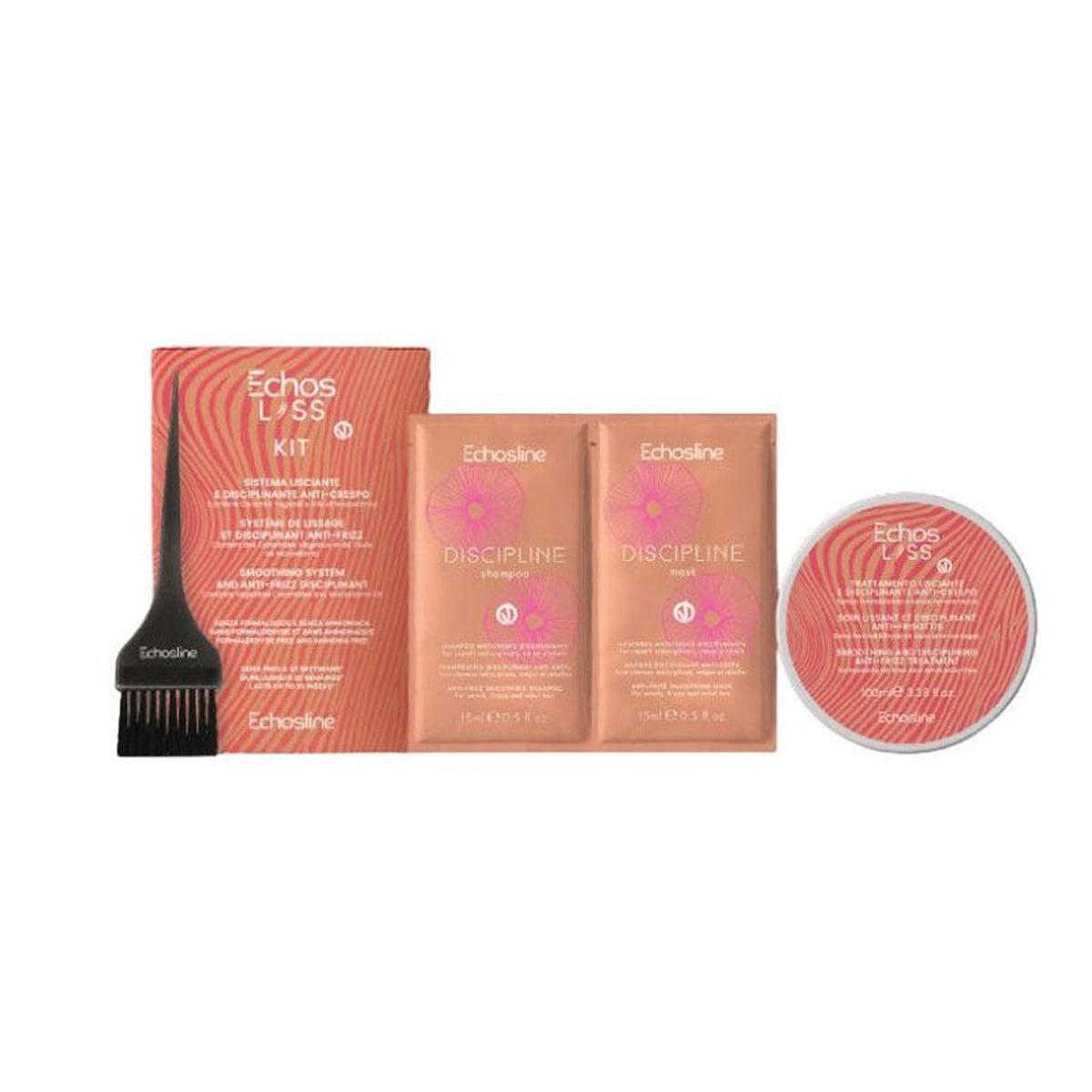 Echosline Echos Liss Kit – Sistema Lisciante Professionale Anticrespo 15 ml + 100 ml + 15 ml – confezione del prodotto su fondo bianco