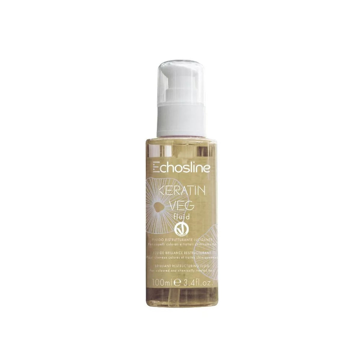Echosline Keratin Veg Fluid – Fluido Anticrespo per Capelli Trattati 100 ml – confezione del prodotto su fondo bianco