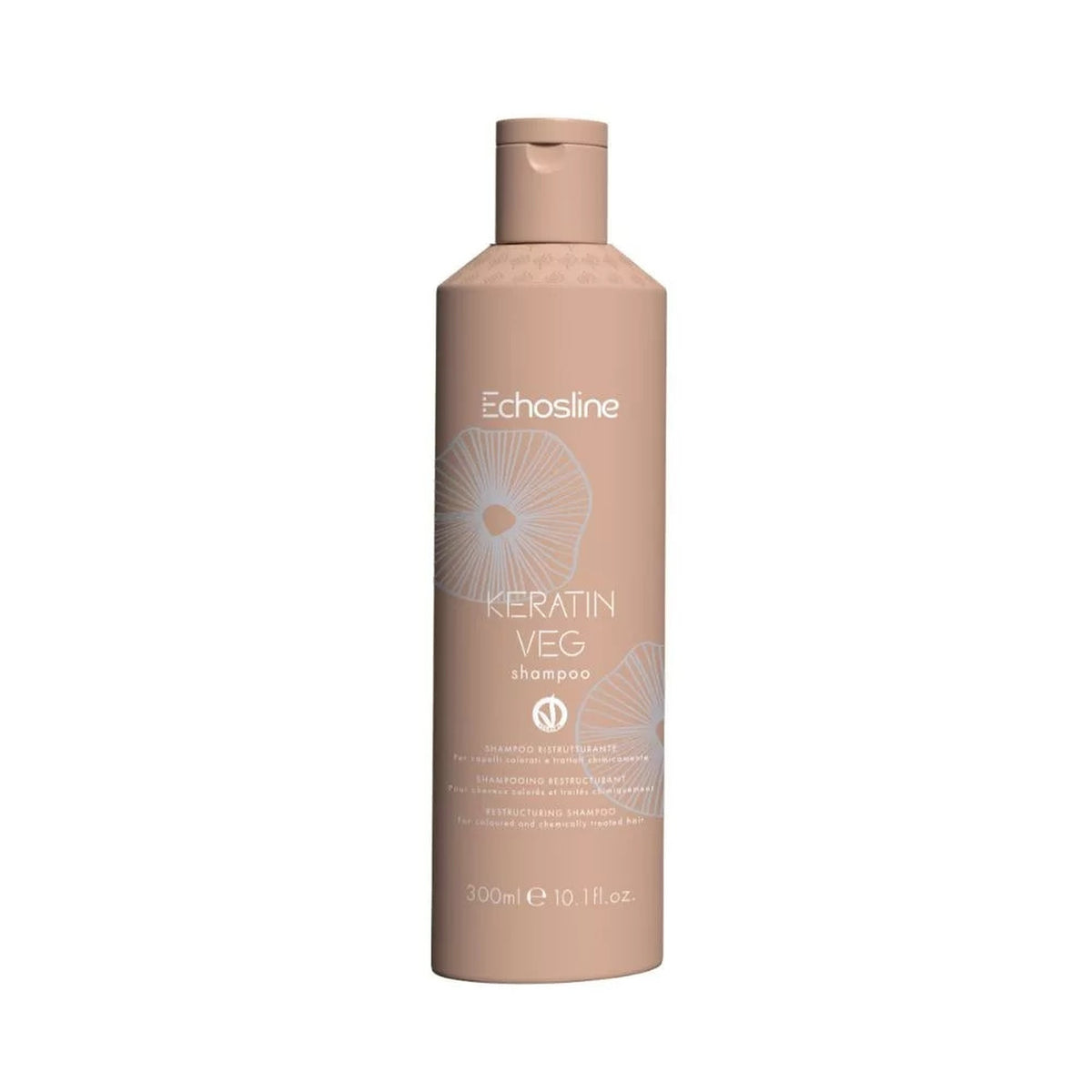 Echosline Keratin Veg – Shampoo Ristrutturante per Capelli Trattati 300 ml – confezione del prodotto su fondo bianco