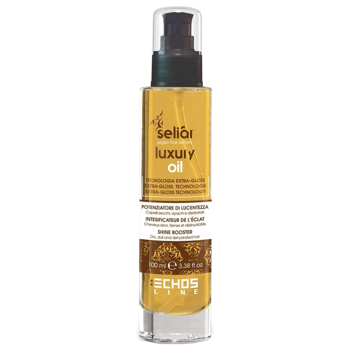 Echosline Seliàr Luxury Oil – Olio Nutriente Lucidante Effetto Laminato 100 ml – confezione del prodotto su fondo bianco