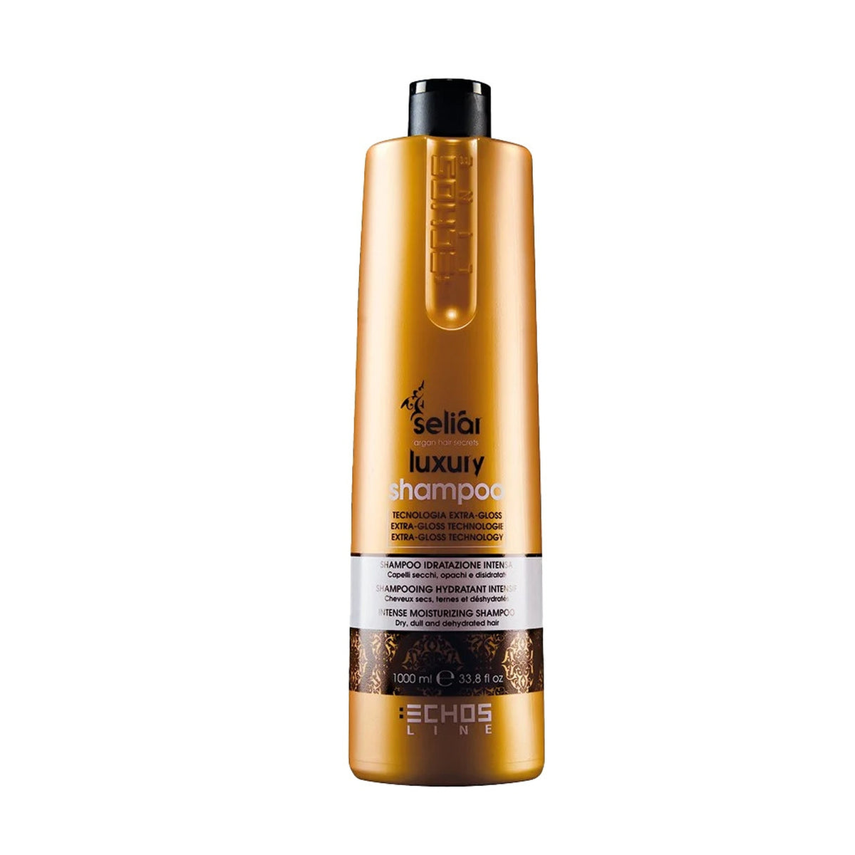 Echosline Seliàr Luxury – Shampoo Idratante Illuminante con Oli Botanici 1000 ml – confezione del prodotto su fondo bianco