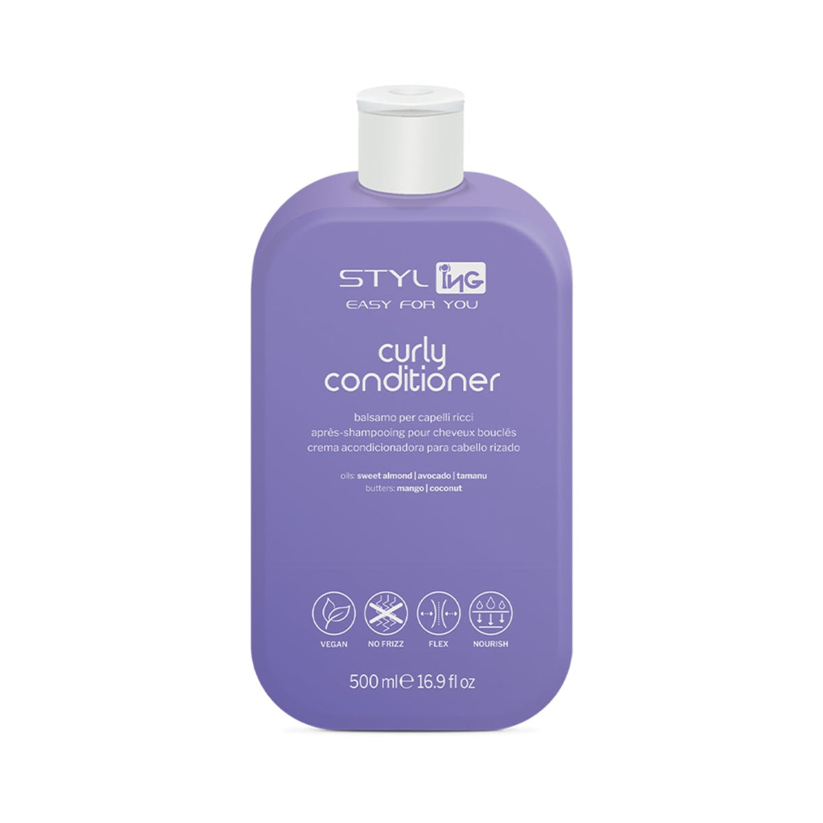 ING Curly Conditioner balsamo per capelli ricci 500 ml, flacone originale viola su sfondo bianco