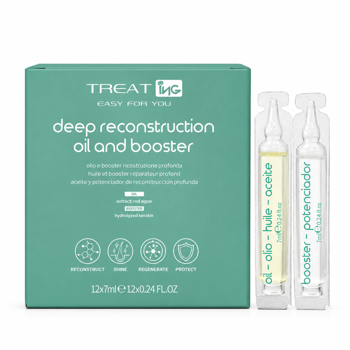 Confezione ING Treat olio e booster ricostruzione profonda; il kit include una fiala olio e una fiala booster da 7 ml in omaggio