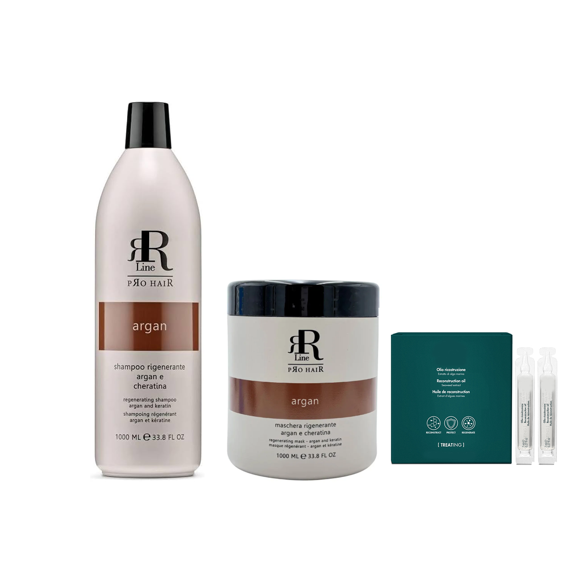RR Line Set Shampoo + Maschera Argan e Cheratina + 2 Fiale Ristrutturanti