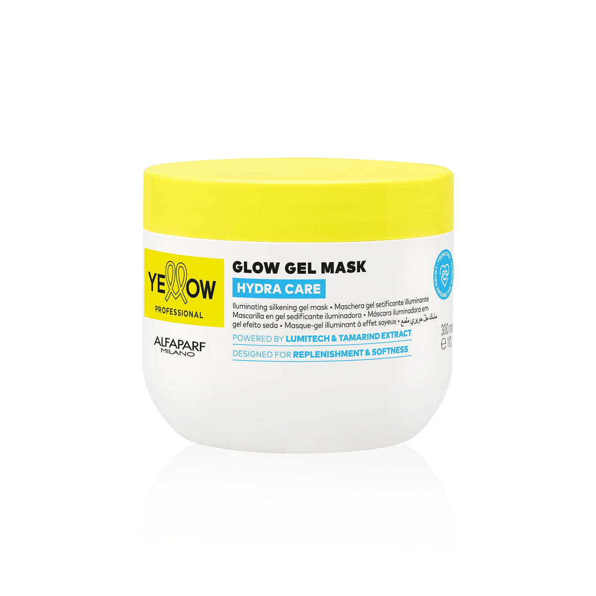 Yellow Professional Hydra Care Glow Gel Mask – Maschera gel setificante illuminante per tutti i tipi di capelli 300 ml, confezione frontale