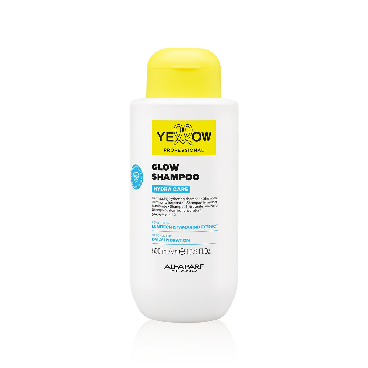 Yellow Professional Hydra Care Glow Shampoo – Shampoo illuminante idratante per tutti i tipi di capelli 500 ml, confezione frontale