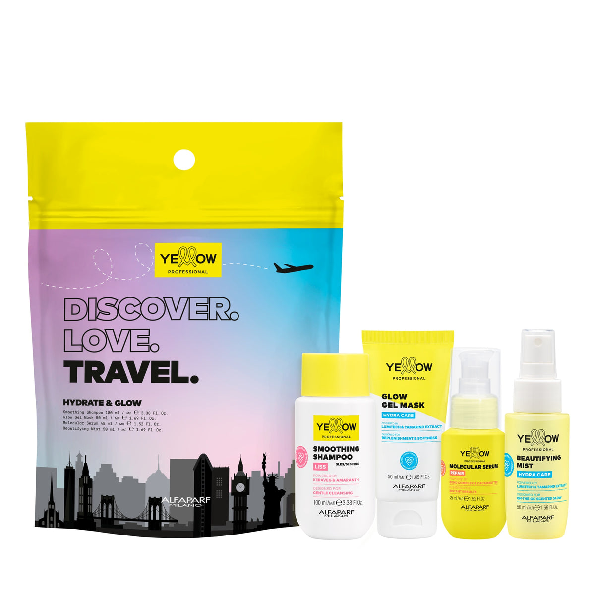Yellow Professional Hydra Care Hydrate & Glow Mini Kit – Kit Viaggio Idratante Illuminante – 4 Prodotti Kit, confezione frontale