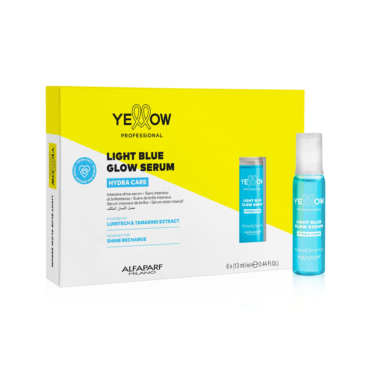 Yellow Professional Hydra Care Light Blue Glow Serum – Siero intensivo di brillantezza per tutti i tipi di capelli 6 × 13 ml, confezione frontale