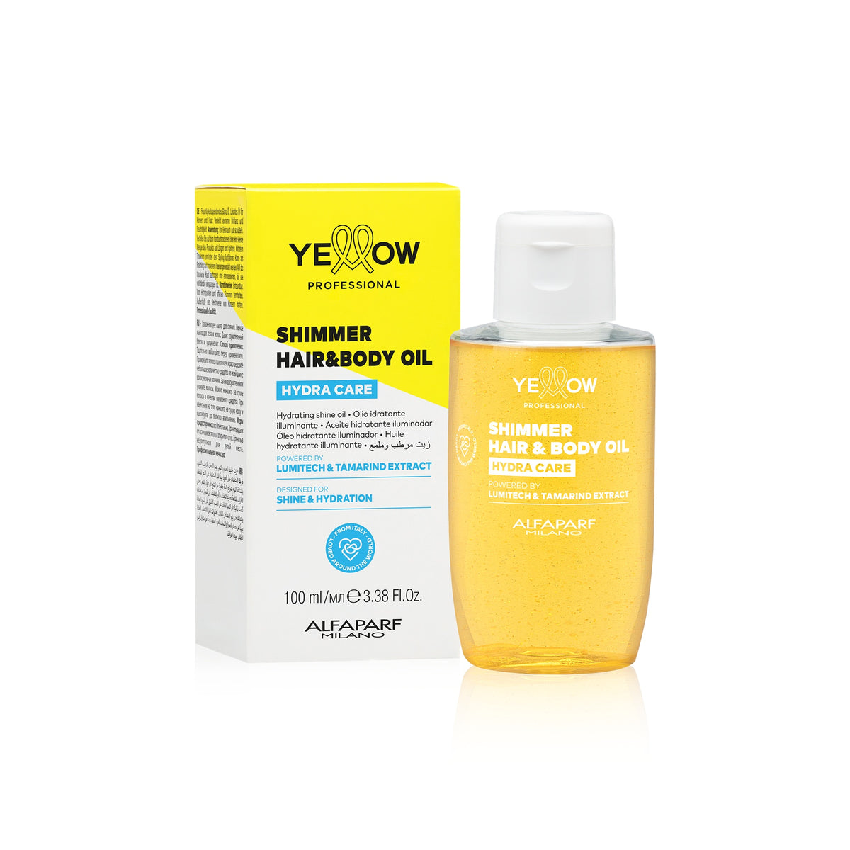 Yellow Professional Hydra Care Shimmer Hair & Body Oil – Olio Illuminante Corpo e Capelli 100 ml, confezione frontale