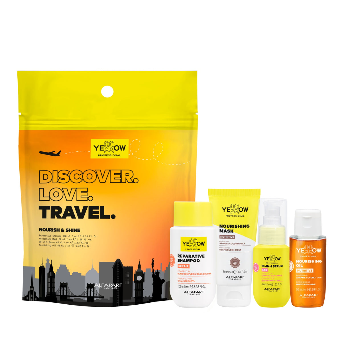 Yellow Professional Nutritive Nourish & Shine Mini Kit – Kit Viaggio Nutriente e Illuminante – 4 Prodotti Kit, confezione frontale
