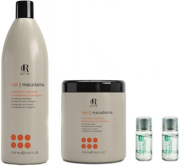 RR Line Set Maschera E Shampoo capelli crespi e secchi Illuminante Nutriente, Macadamia e Collagene 1000 ml + 2 Fiale Ristrutturanti OMAGGIO Kit